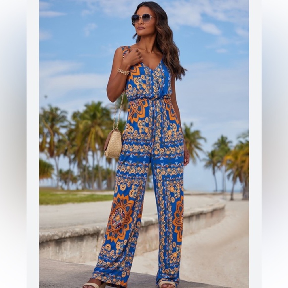 Blue and Orange Floral Jumpsuit medium